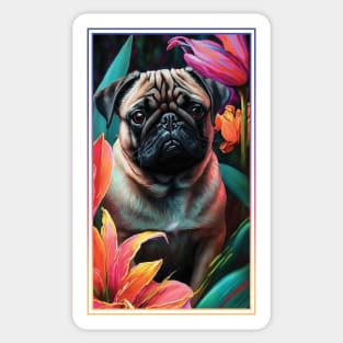 Pug Dog Vibrant Tropical Flower Tall Digital Oil Painting Portrait Sticker